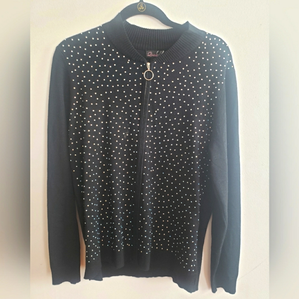 Questions Rhinestone Embellished Black Zip Up Cardigan Holiday Party~ Size XL